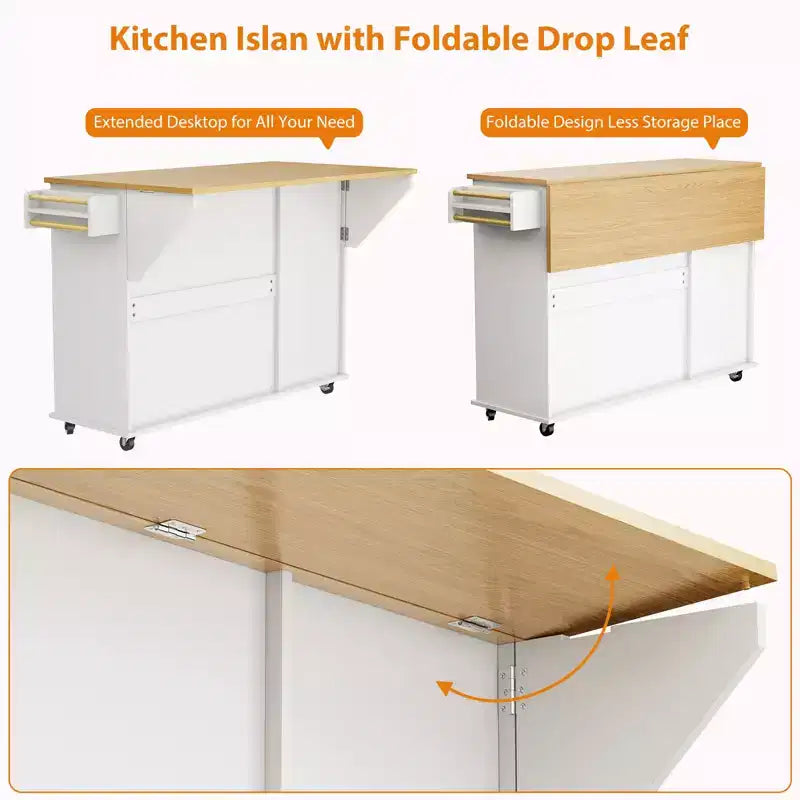 55 Mobile Island Table with Power Outlet & Drop Leaf, Kitchen Rolling Island Kitchen Island Cart with Trash Storage Cabinet for Kitchen