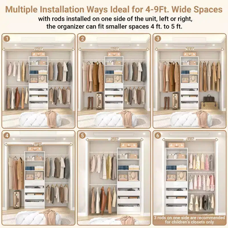 Besiost 4-9 Ft Wooden Closet Organizer System with 4 Drawers, 4 Hanging Rods & Shelving Towers