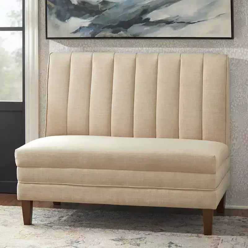 Lifestorey 4pc Kerrington Channel Back Banquette Dining Set Walnut/Cream: Linen-Look Fabric, Pedestal Table