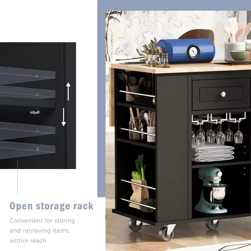 Movable Kitchen Island with Power Outlet, Drop Leaf and Rubber Wood Top