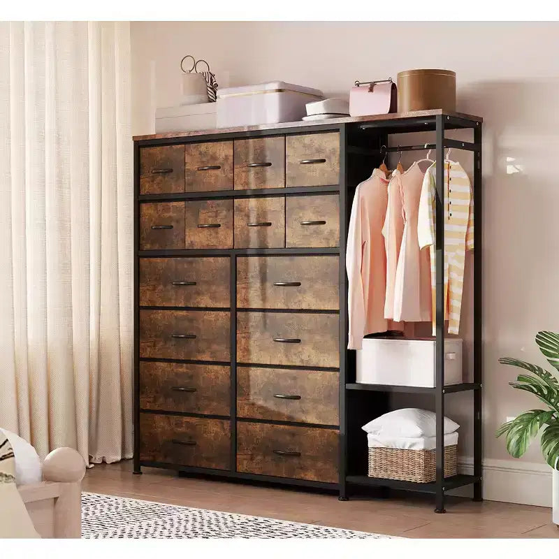 Dresser with 16 Drawers & Hanging Rod & Shelves, Fabric Storage Organizer for Bedroom, Closet, or Entryway