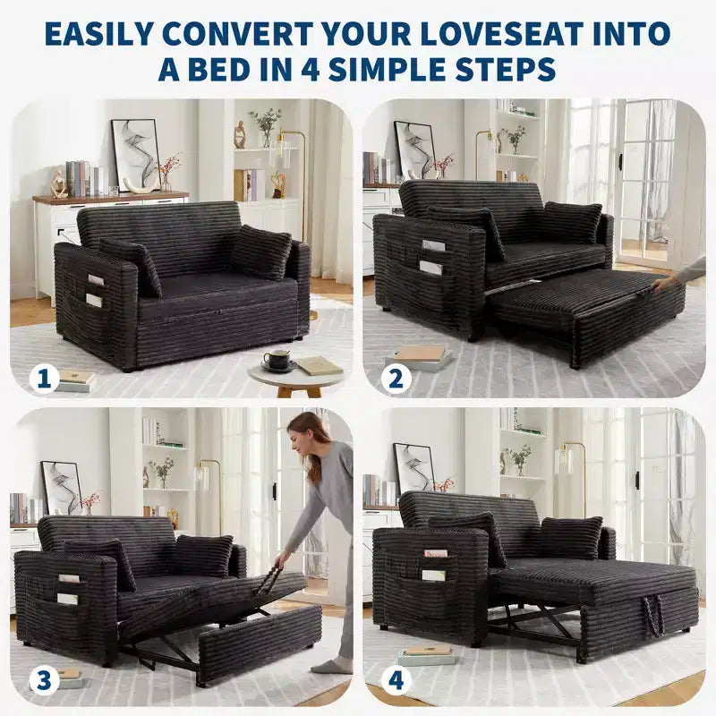 55 Convertible Loveseat Sleeper Sofa Bed with Pull-Out Footrest & Adjustable Backrest, Space-Saving Couch for Small Apartments