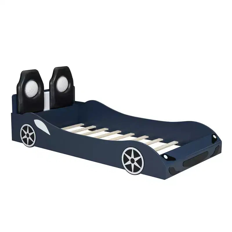 Whisen Wood Twin Size Race Car-Shaped Platform Bed with LED and Upholstered Backrest
