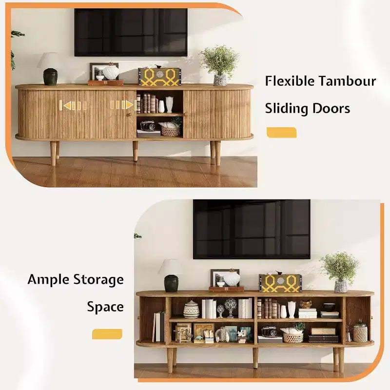 AMERLIFE 70 TV Stand with Solid Wood Legs, Mid Century Modern TV Console with Tambour Door