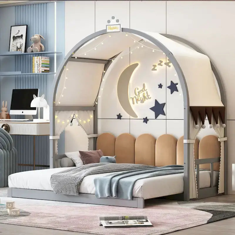 Solid Wood Playhouse Platform Bed Floor Montessori Bed Frame with Arched Roof and Trundle for Girls and Boys