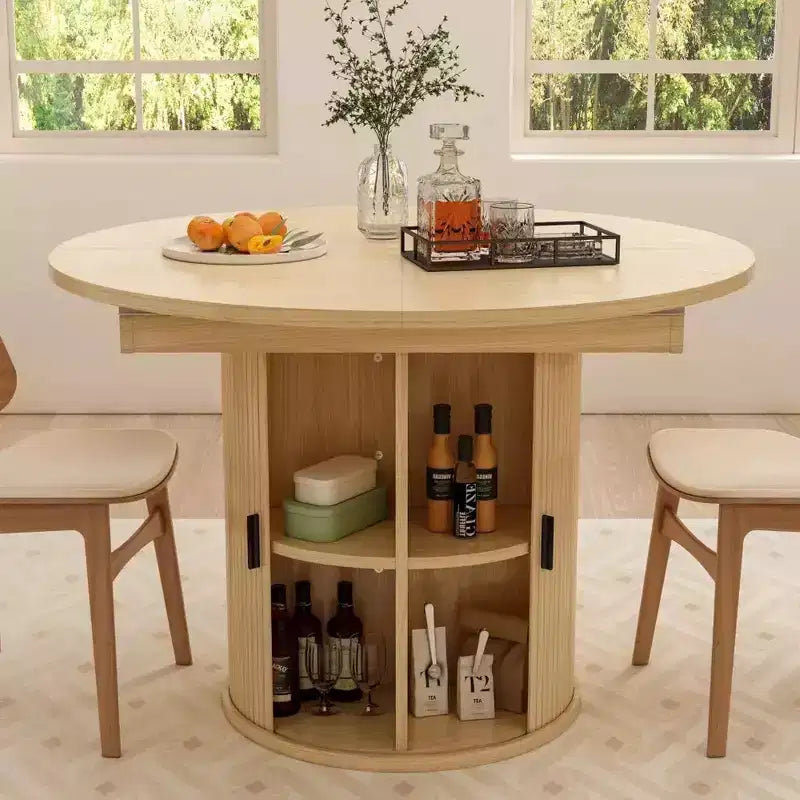 Dyonery 63 Extendable Round Kitchen Dining Room Table with 2-Tier Storage Shelf, with Pedestal Base, Wood Oval Circle Dinner Furniture, Walnut