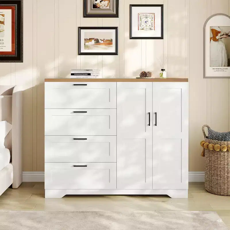 43.3 H Wood Armoire Wardrobe Closet with 4 Drawers & Hanging Rod, Multifunctional Bedroom Clothing Storage Cabinet Dresser