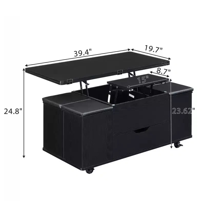 Multi-Function Modern Lift-Top Coffee Table with Hidden Storage, 4 Stools and Casters, Perfect for Modern Living Spaces