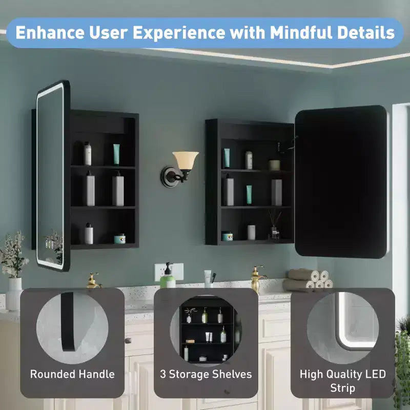 Black / White / Gold LED Medicine Cabinet, Single Door, Left or Right Hinge, Recessed or Wall-Mounted