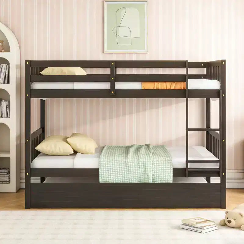 Twin Over Twin Modern Wood Bunk Bed with Trundle, Convertible into 2 Beds