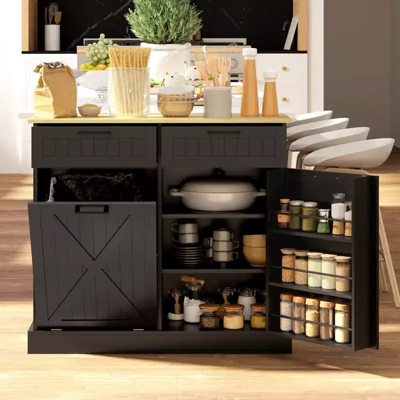 HOMCOM Tilt Out Trash Can Cabinet with Drawers, Farmhouse Kitchen Cabinet with Hidden Trash Can for Kitchen