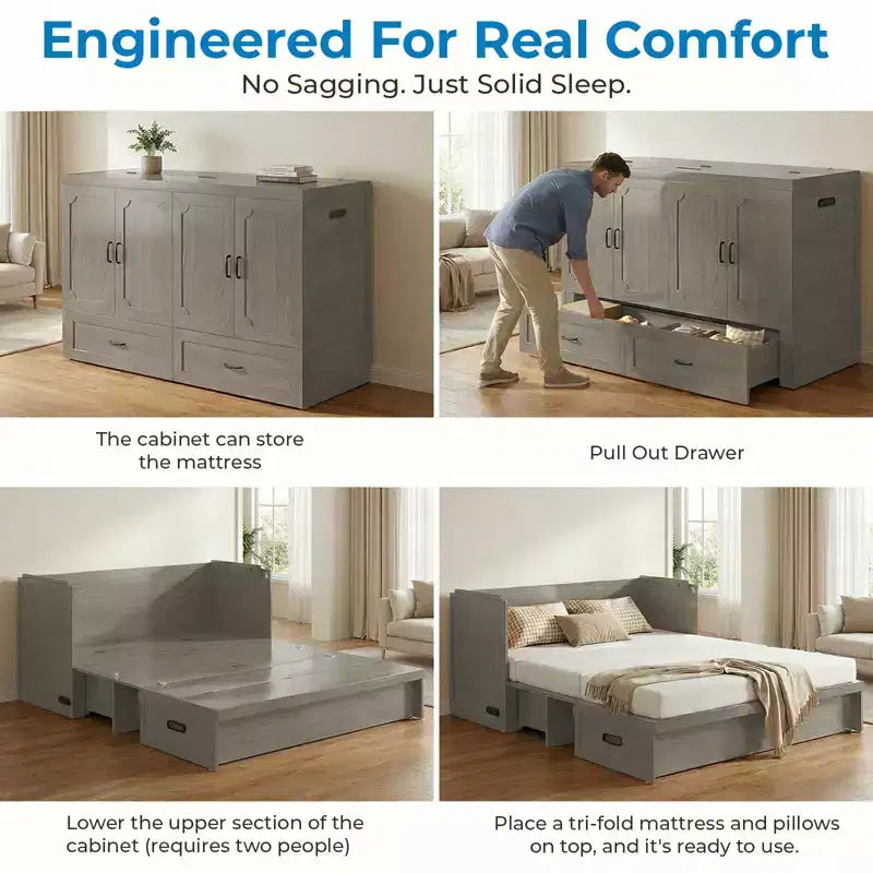 Mjkone Queen Size Convertible Murphy Cabinet Bed with Mattress, USB Charging, Storage Drawers