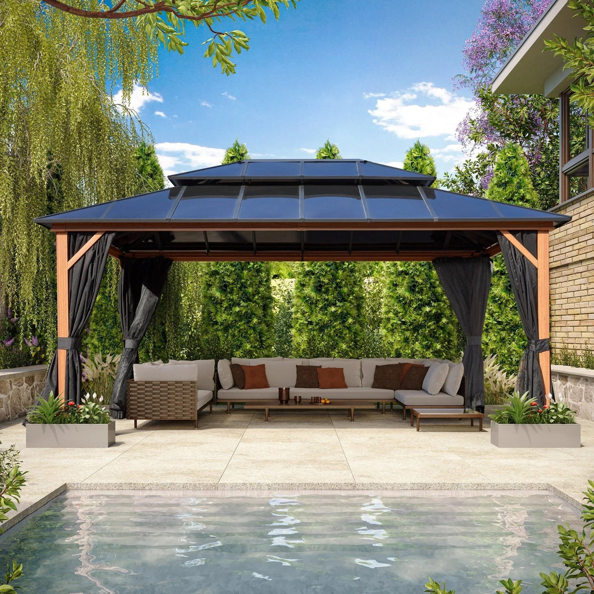 EROMMY Hardtop Gazebo,Outdoor Pergola with Double Roof & Netting & Curtains,Heavy Duty Canopy for Patio, Backyard, Pool party