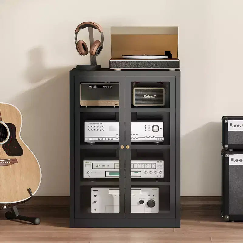 Bekrvio Metal Media Cabinet, 4-Tier Stereo Cabinet with Glass Doors & Adjustable Shelves, Audio AV Rack with Cable Management