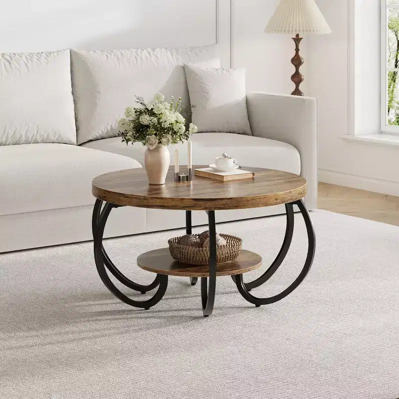 30 Inch Round Industrial Coffee Table 2-Tier with Adjustable Feet Wood Grain Shelf Flame Design Easy Assembly Living Room