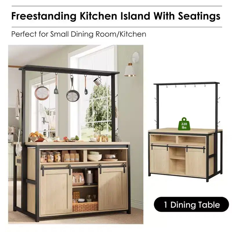 Kitchen Island , Bakers Rack with Sliding Barn Door 42'' Large Kitchen Island Table with 3-Tier Microwave Stand Oven Shelves Coffee Bar Table Set