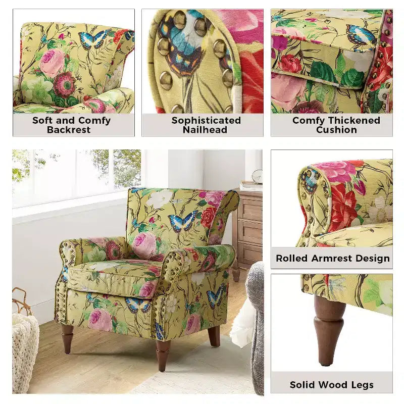 Araceli Traditional Wooden Upholstered Floral Armchair with Wingback and Nailhead Trim| ART OF LIVING DESIGNS