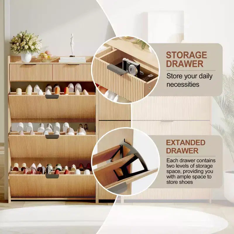 Modern White Shoe Cabinet with 3 Flip Drawers & 2 Small Drawers & Hook, Slim Fluted Shoe Storage Organizer, Narrow Entryway Cabinet