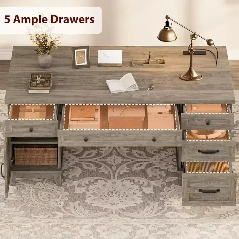 60 Executive Desk with Drawers, Home Office Desk with Charging Station, Wooden Computer Writing Desk for Study, Conference Table for Living Room