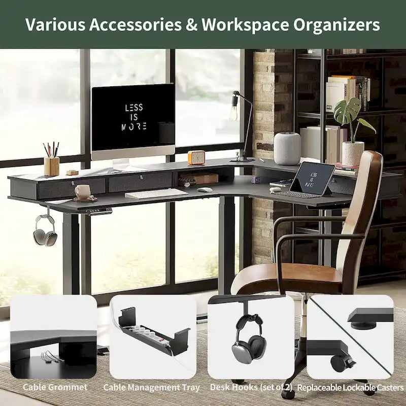 L-Shaped Electric Standing Desk with 3 Drawers & Lockable Casters, 63