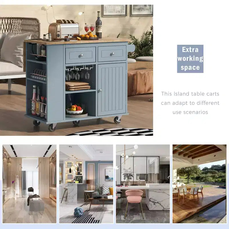 Movable Kitchen Island with Power Outlet, Drop Leaf and Rubber Wood Top