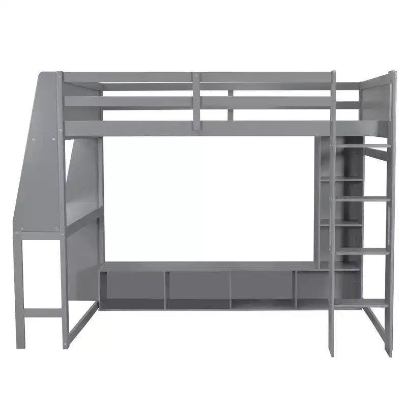 Whisen Wood Twin Size Gaming Loft Bed with Desk, Multi-storage Shelves, LED and a Hanging Clothes Rack