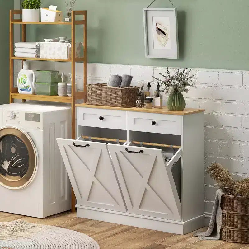 HOMCOM Tilt Out Laundry Hamper Cabinet Bathroom Storage Cabinet with 2 Removable Baskets and 2 Drawers