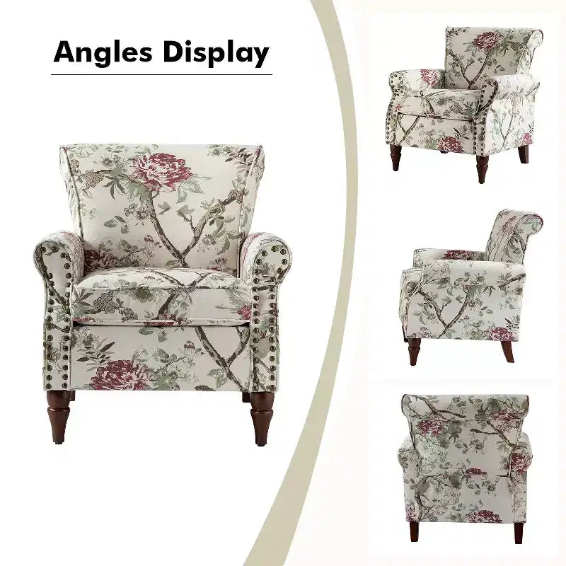 Araceli Traditional Wooden Upholstered Floral Armchair with Wingback and Nailhead Trim| ART OF LIVING DESIGNS