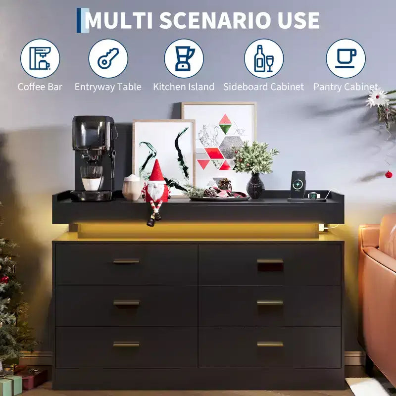 Modern TV Stand with 6 Drawers & LED Lights, Floating Countertop Coffee Bar for Living Room Entertainment Center