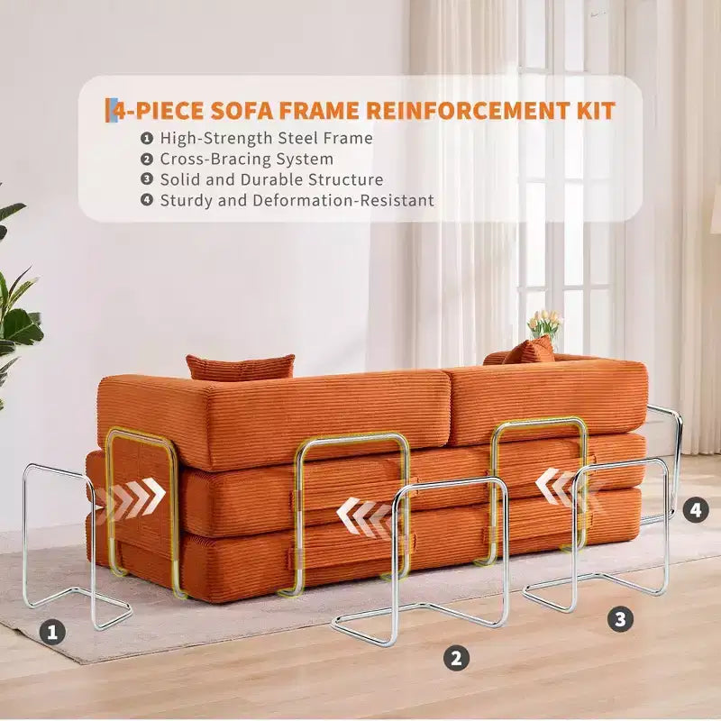 Sleeper Sofa Bed, 78.8 5-in-1 Folding Mattress Couch/Loveseat, Fixed-Shape Steel Frame, Corduroy with Pillows