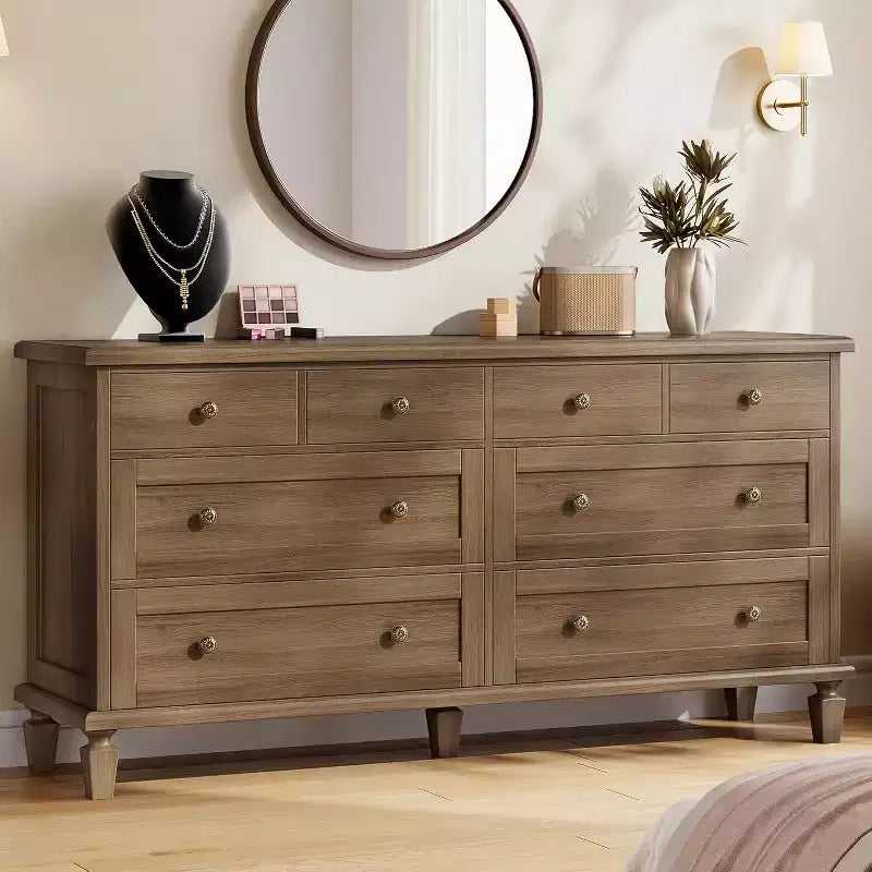 8 Drawer Dresser for Bedroom, Vintage 59 Dresser TV Stand with Carved Handles and Tapered Legs, Wood Chests of Drawers with Large Capacity Storage