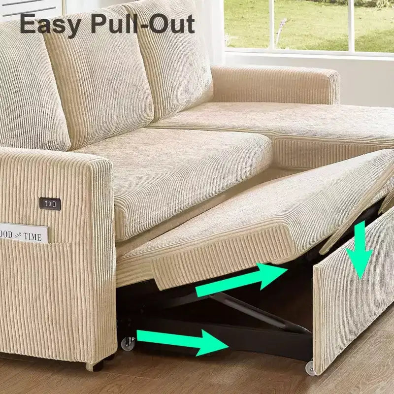 Dyonery 2 in 1 Pull Out Sleeper Sofa with Storage Chaise C Corduroy Sectional Couch with USB Ports for Living Room