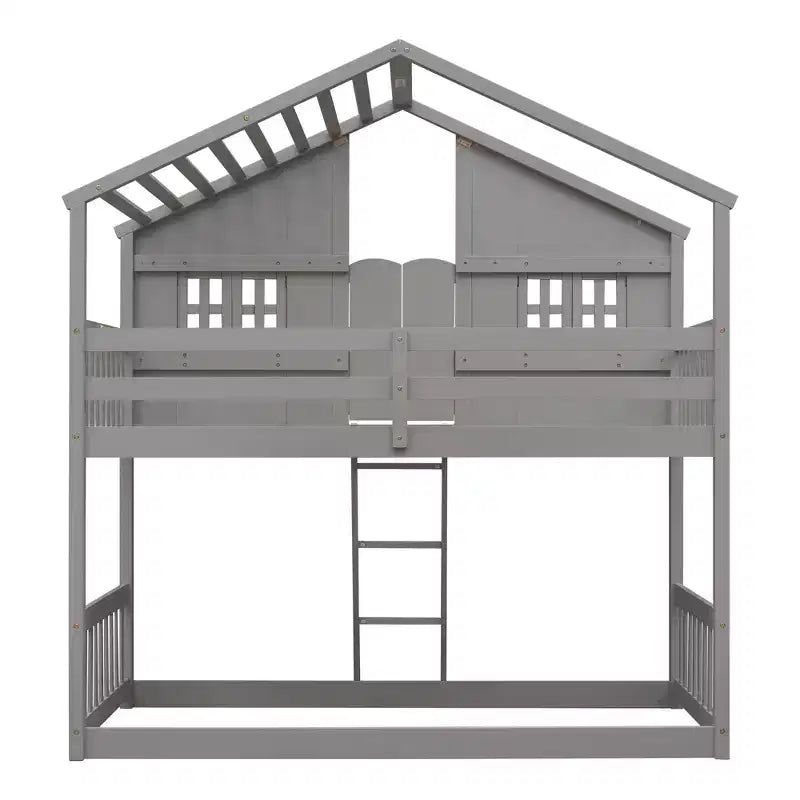 Twin Size House-Shaped Loft Bed, Wood Playhouse Loft Bed with Ladder & Guardrails for Kids