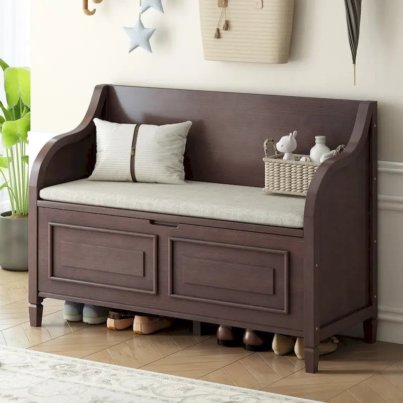 Rustic Solid Wood Entryway Storage Bench with Safety Hinge