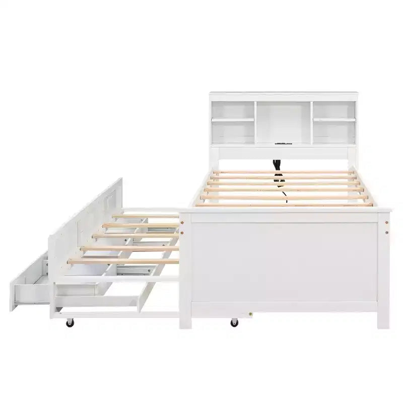 Platform Bed with Trundle and Drawers, Storage Platform Bed with USB, Wood Platform Bed with Bookcase