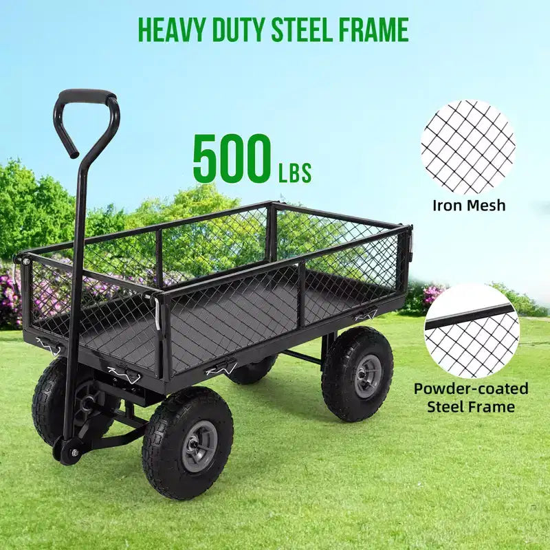 Heavy Duty Steel Garden Cart Wagon, 500 Lbs, Folding Utility Wagon with Removable Mesh Sides & Liner, 10 Pneumatic Tires, Pull Handle
