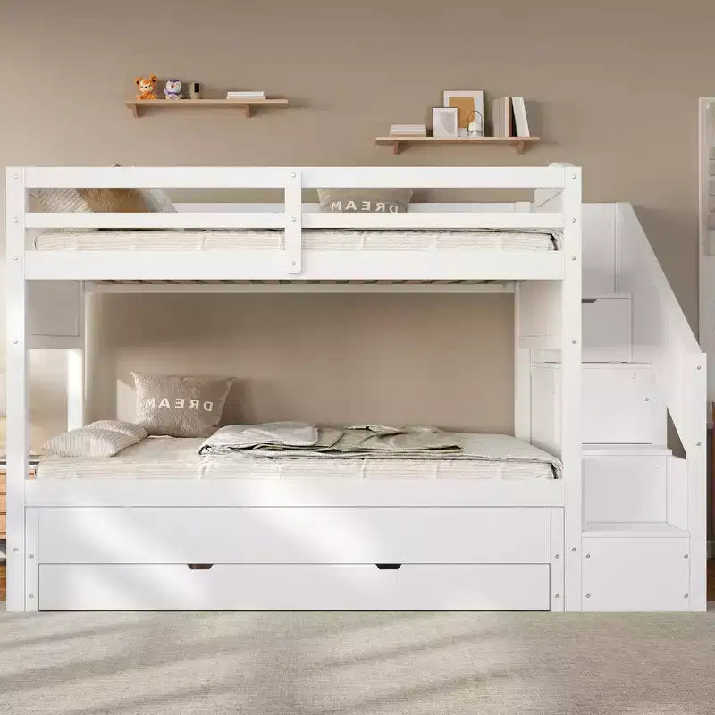 Lit superposé Whisen Twin XL avec lit gigogne, lit superposé avec rangement, lit superposé en bois massif, escalier de rangement, armoire, 3 tiroirs, pour enfants