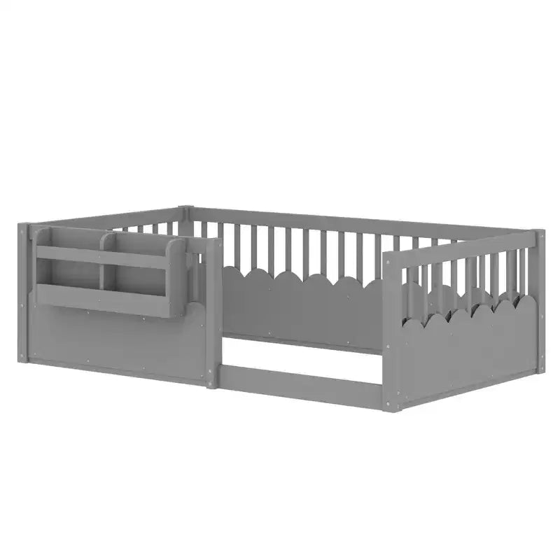 Bellemave Kids Floor Bed with Heightened Fence and Bookshelf, Wooden Twin Montessori Bed Frame for Girls Boys