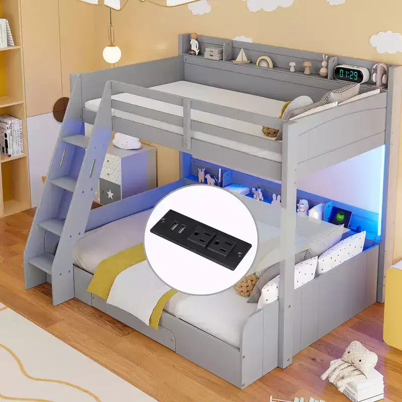 Twin over Full Bunk Bed with Storage, LED Lights & Charging Station, Wood Bunked Bed Beside Shelves for Kids & Teens
