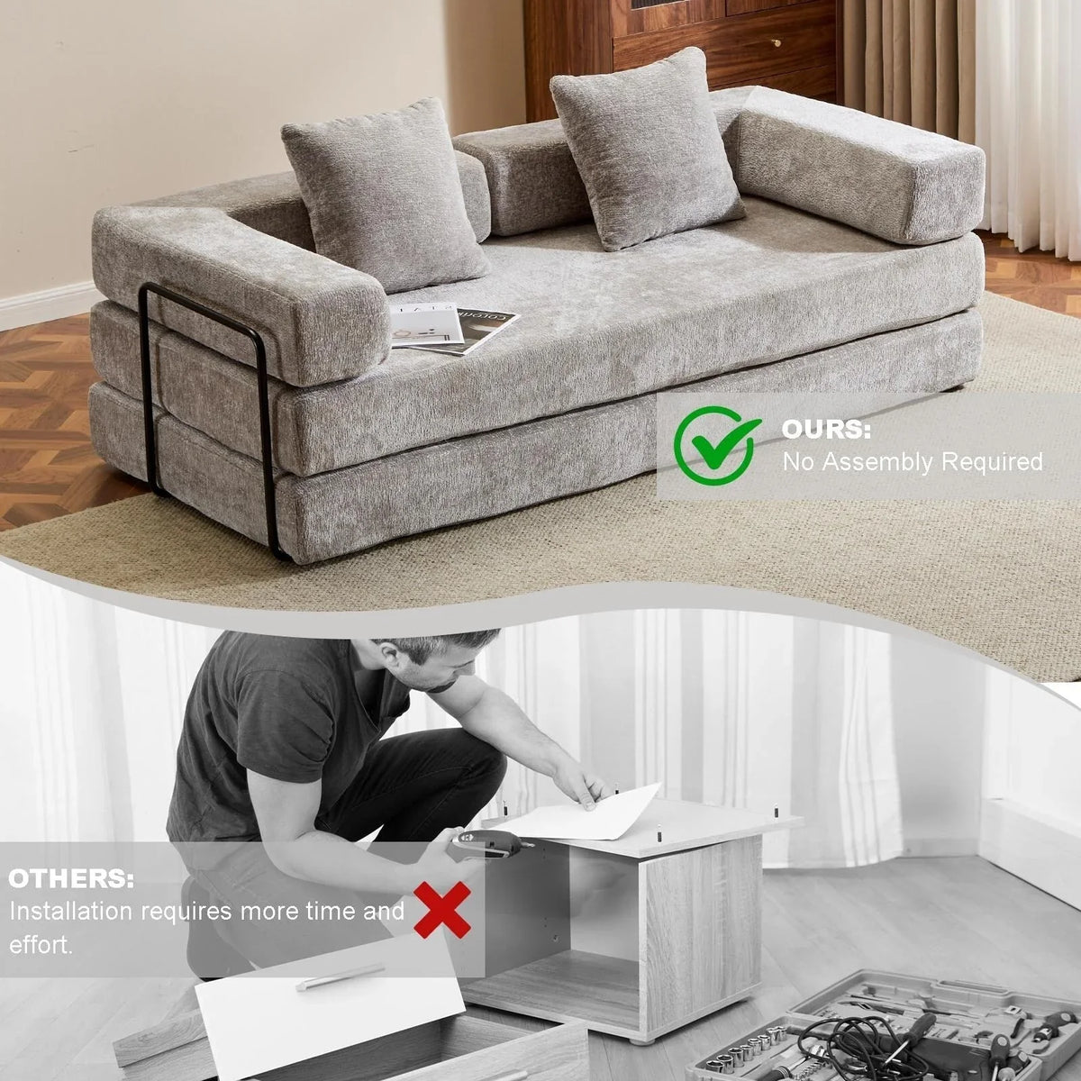 Convertible Floor Sofa Bed with Pillow Back Chenille Fabric for Living Room Bedroom