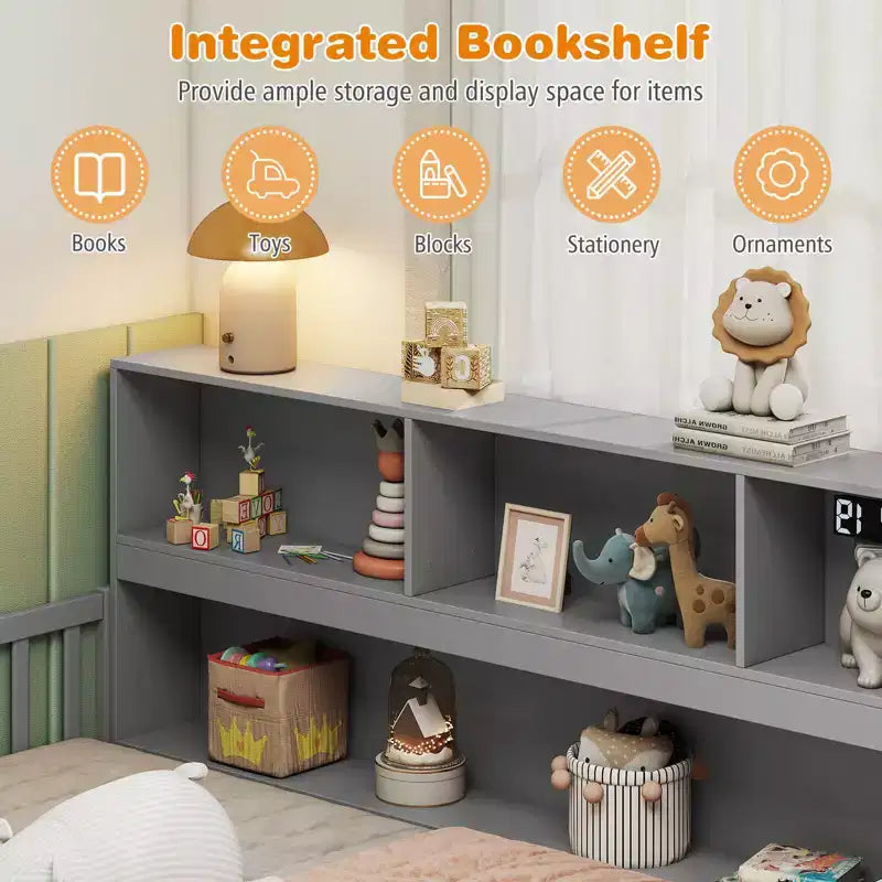 Twin/Full Size Montessori Floor Bed with Bookcase Storage Shelves & Safety Fence Rails White/Gray