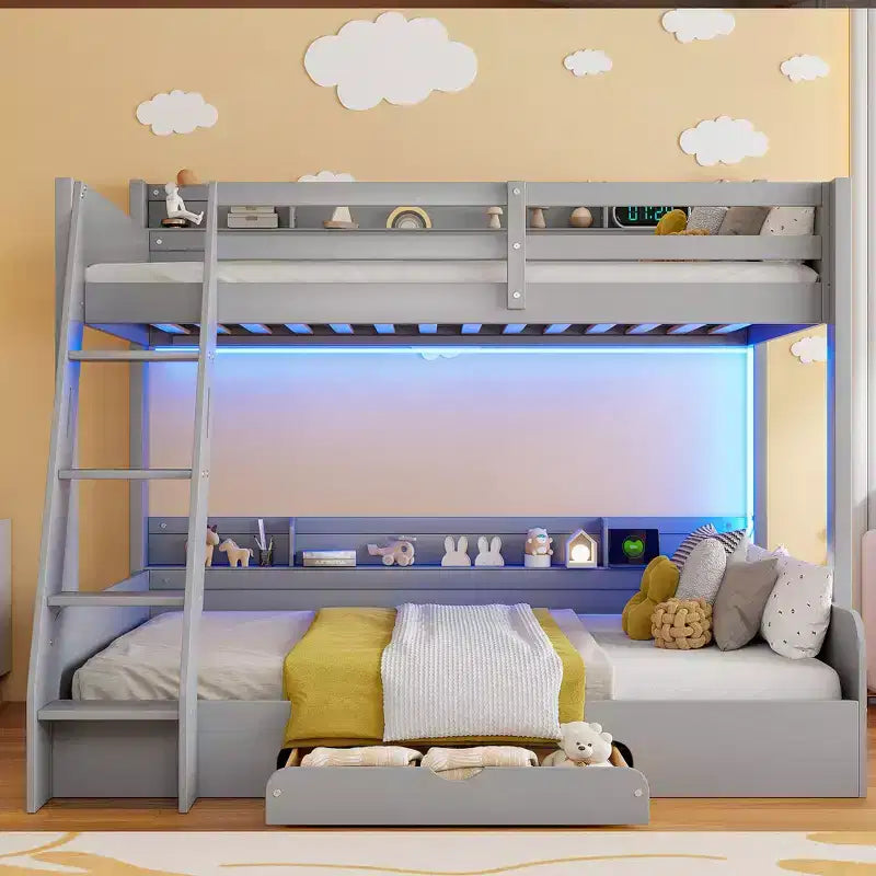 Twin over Full Bunk Bed with Storage, LED Lights & Charging Station, Wood Bunked Bed Beside Shelves for Kids & Teens