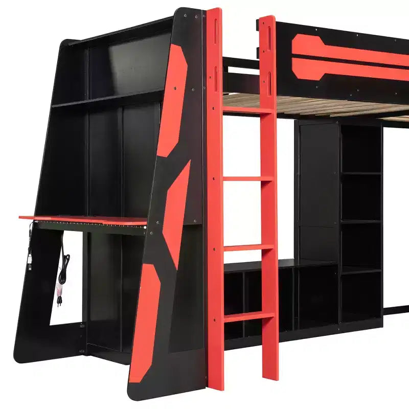 L-Shaped Gaming Loft Bed with Desks, Double Twin Loft Beds with LED Lights, USB Ports, Storage Bookshelves, Wood Corner Loft Bed for 2