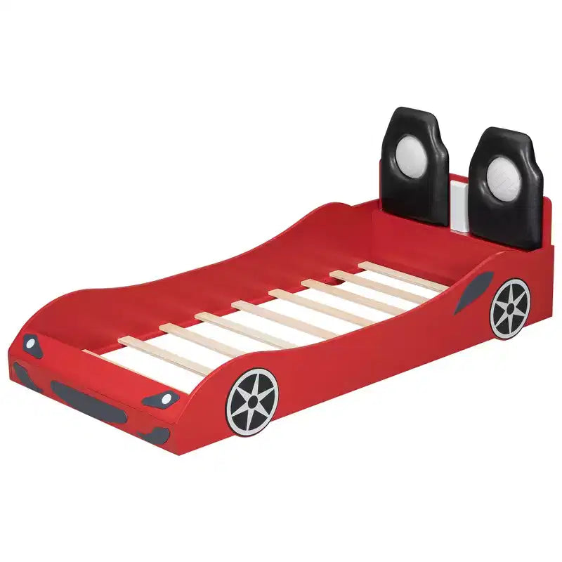 Whisen Wood Twin Size Race Car-Shaped Platform Bed with LED and Upholstered Backrest