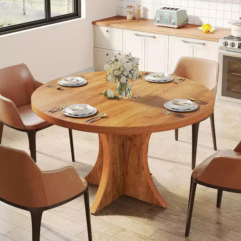Lantine 47.24-Inch Round Dining Table for 4-6, Farmhouse Kitchen Table with Pedestal Base, Small Dinner Table for Dining Room, Living Room, Brown