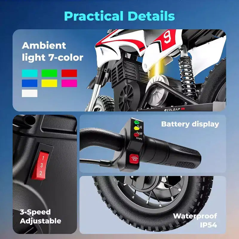 ECOLEAP K1 Kids Electric Dirt Bike 36V  16MPH Fast, 14-Mile Range, 700W Peak Motor, 3-Speed Modes, 12 Off-Road Tires, UL,Ages 3-10