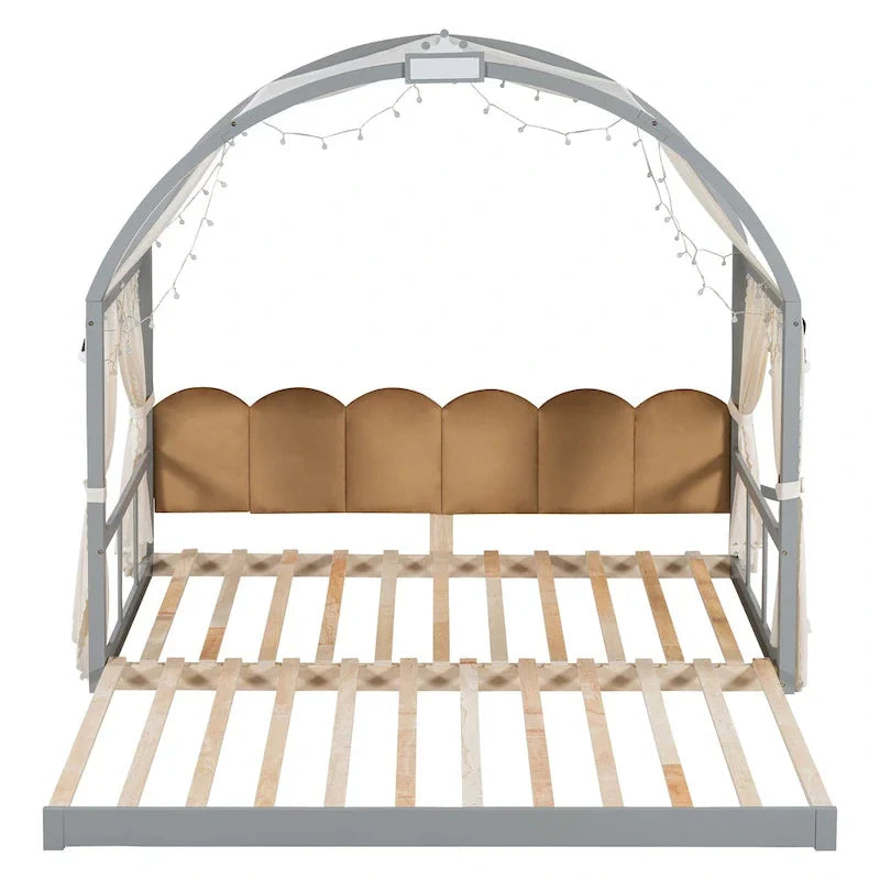 Solid Wood Playhouse Platform Bed Floor Montessori Bed Frame with Arched Roof and Trundle for Girls and Boys