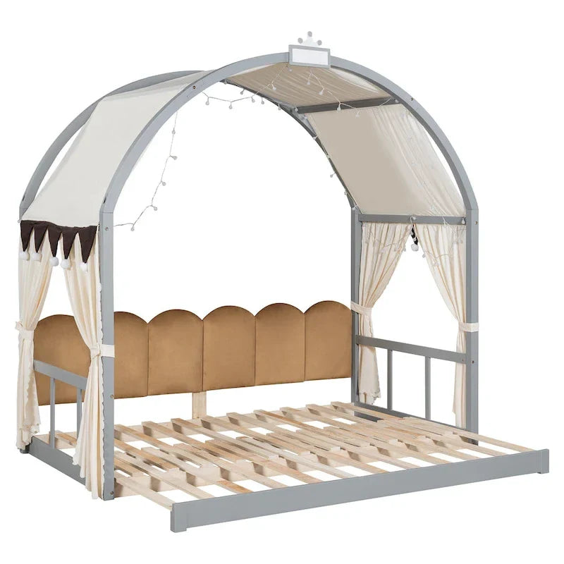 Solid Wood Playhouse Platform Bed Floor Montessori Bed Frame with Arched Roof and Trundle for Girls and Boys