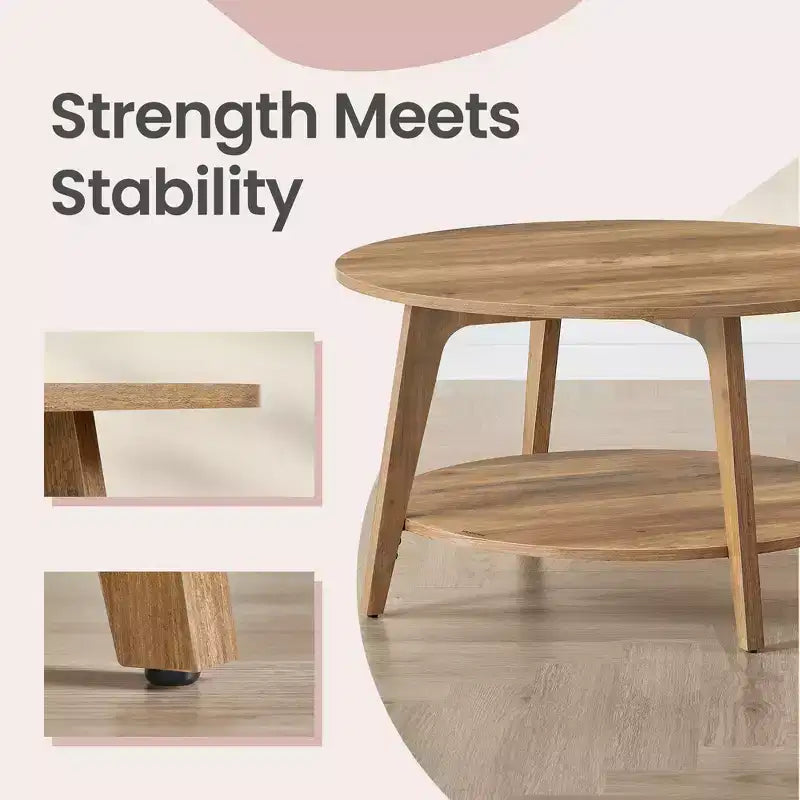 Honey Brown Round Coffee Table with 2 Tiers of Storage, Measuring 31.5 x 17.7 Inches, Ideal for the Living Room