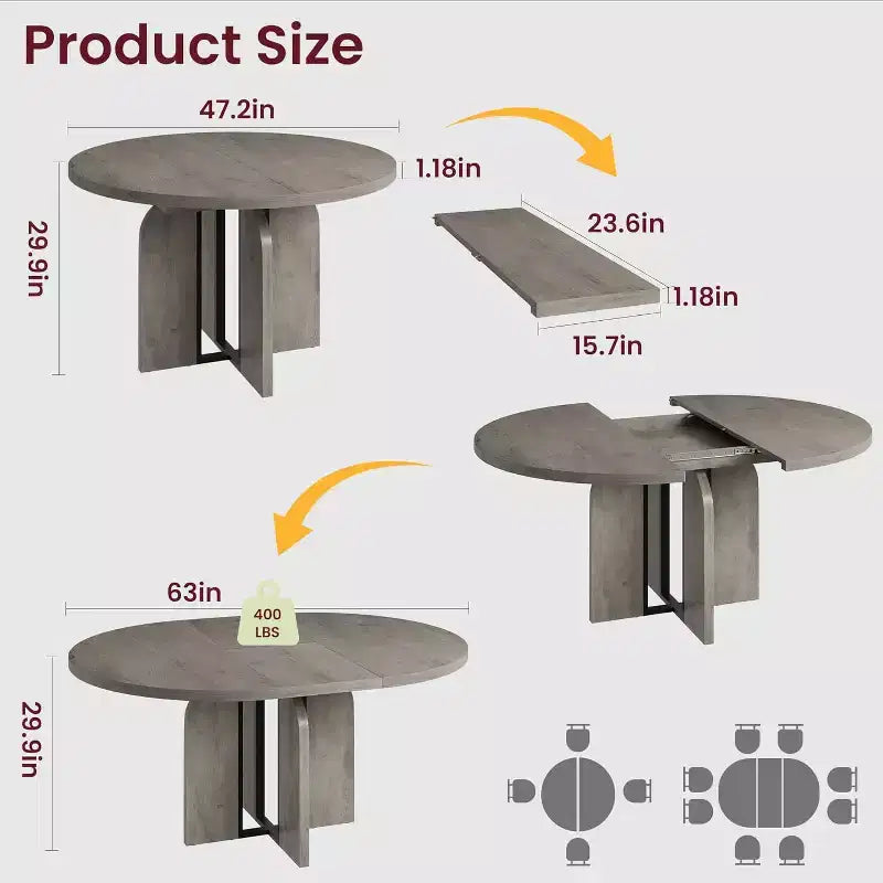 47-63 Extendable Round Dining Table for 4-8, Farmhouse Wood Expandable Kitchen Table with Metal Frame, Oval Space Saving for Apartment, Retro Gray